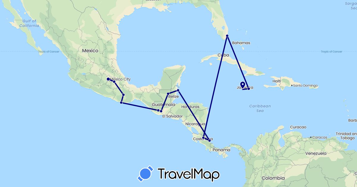 TravelMap itinerary: driving in Belize, Costa Rica, Guatemala, Jamaica, Mexico, United States (North America)